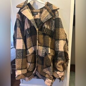 CoffeeShop Plaid Teddy Jacket with Fringe